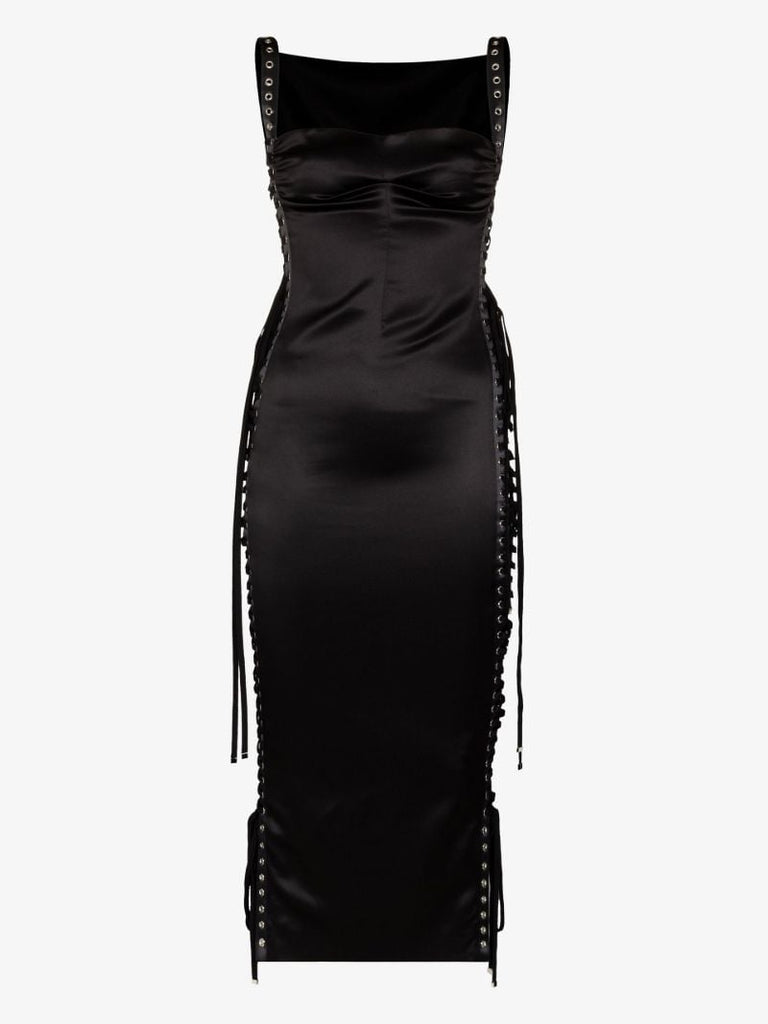 Black Lace-up Side Satin Midi Dress