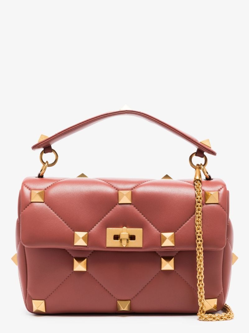 Brown Roman Stud Large Leather Shoulder Bag