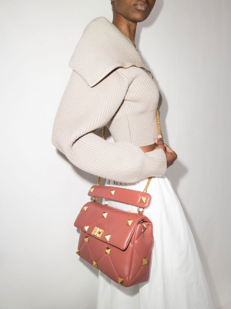 Brown Roman Stud Large Leather Shoulder Bag