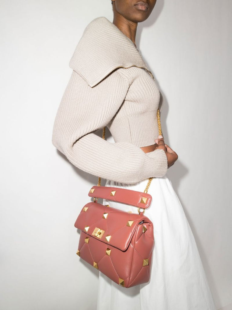 Brown Roman Stud Large Leather Shoulder Bag
