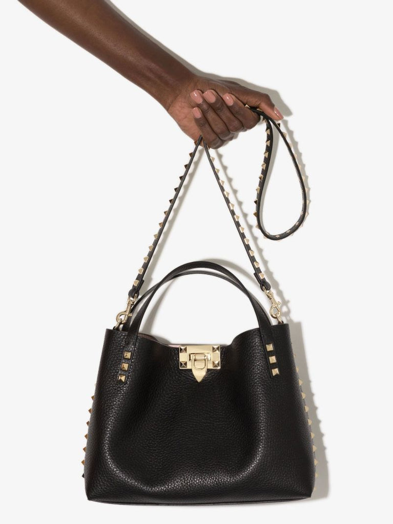 Black Rockstud Small Leather Tote Bag