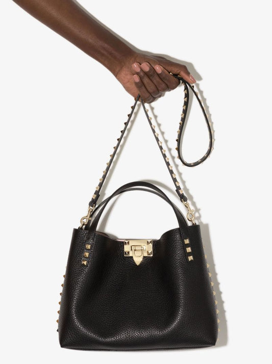Black Rockstud Small Leather Tote Bag