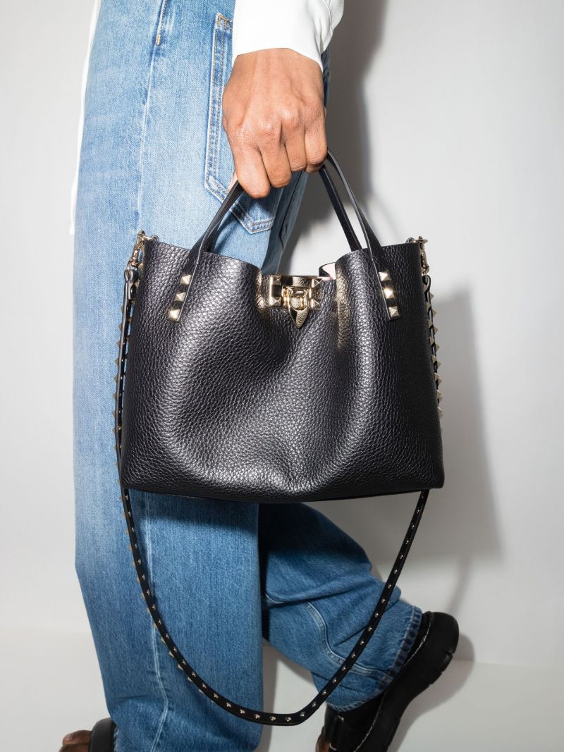 Black Rockstud Small Leather Tote Bag