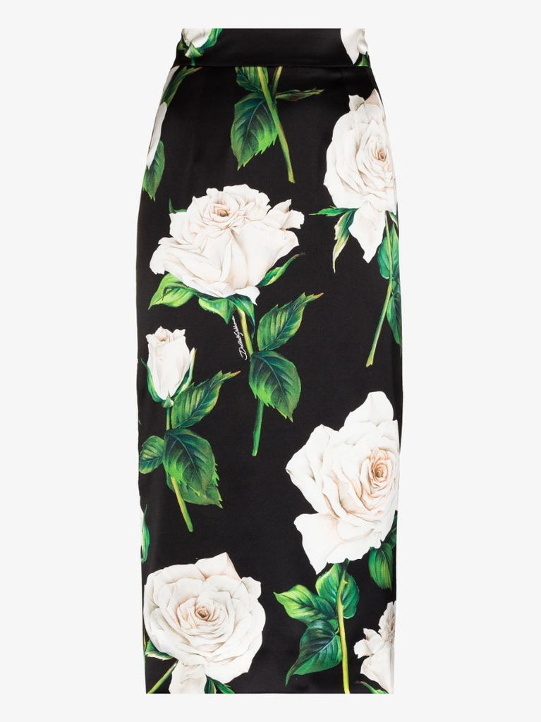 Rose Print Silk Pencil Skirt