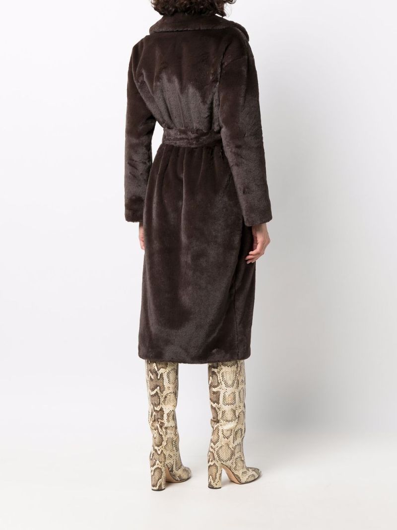 Brown Belted Faux Fur Long Coat