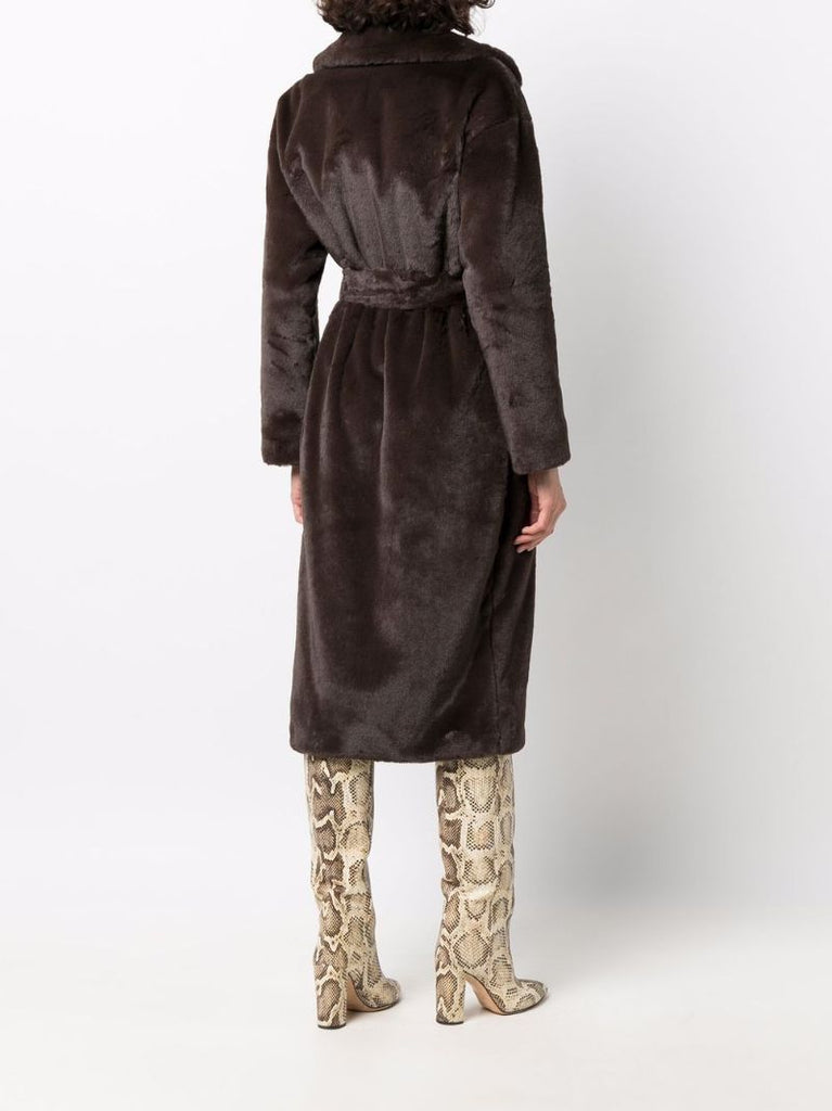 Brown Belted Faux Fur Long Coat