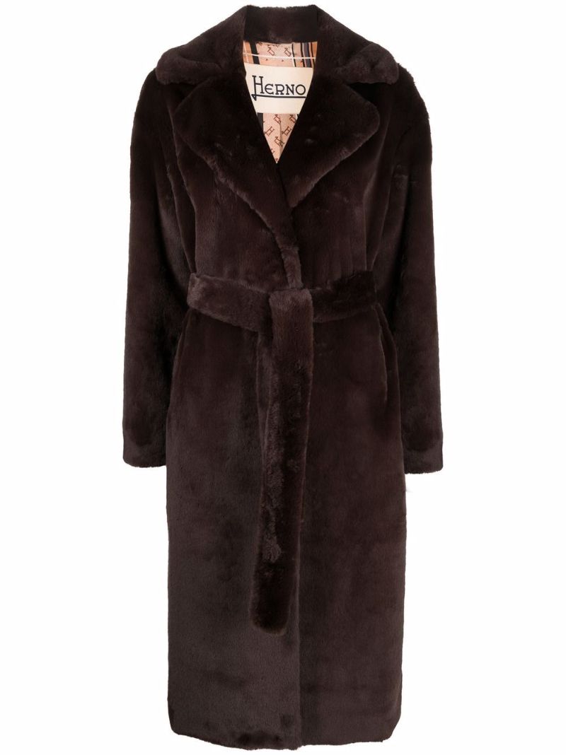 Brown Belted Faux Fur Long Coat