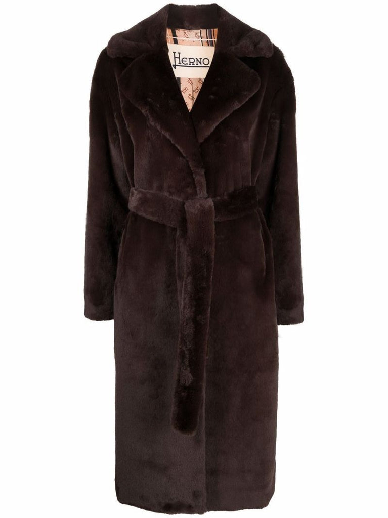 Brown Belted Faux Fur Long Coat