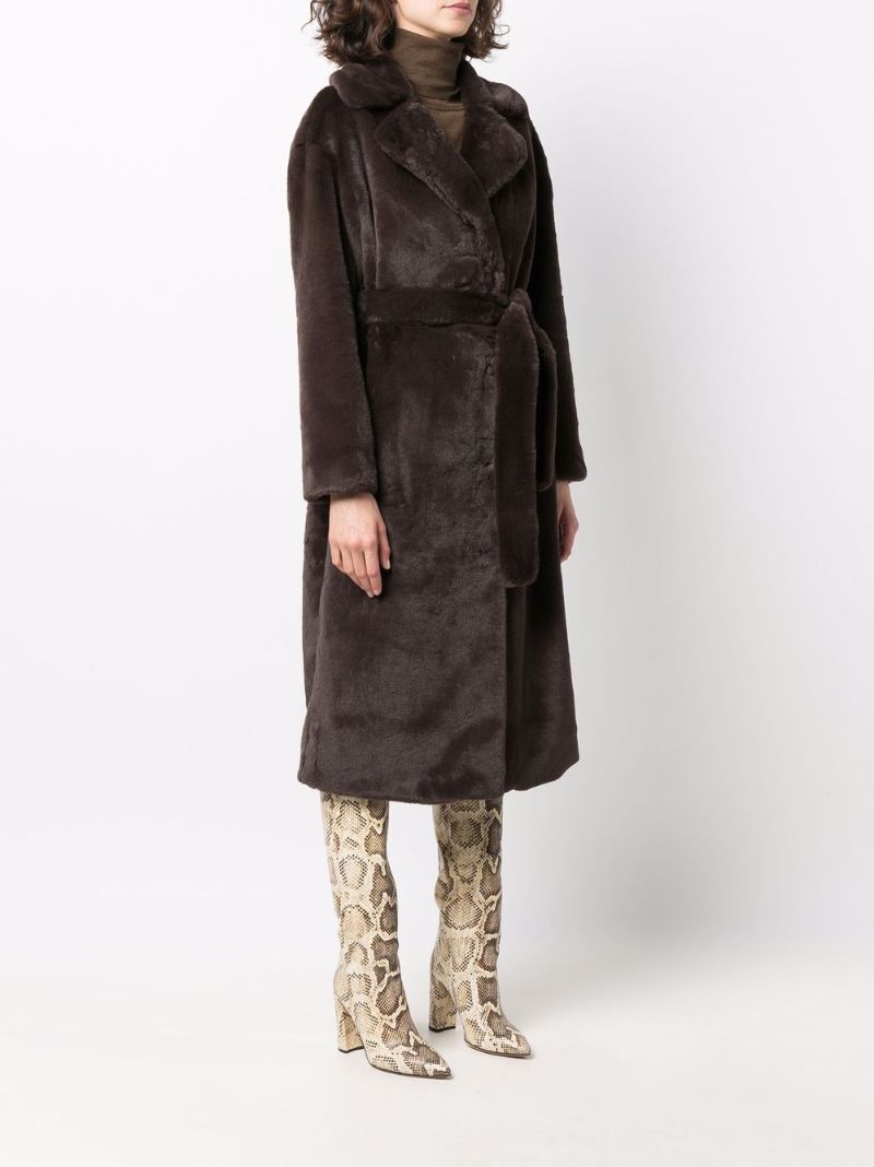 Brown Belted Faux Fur Long Coat