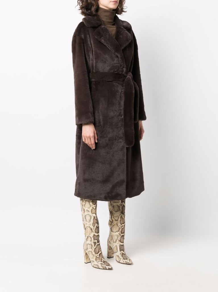 Brown Belted Faux Fur Long Coat