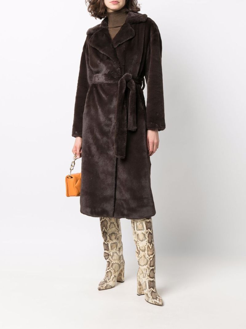 Brown Belted Faux Fur Long Coat