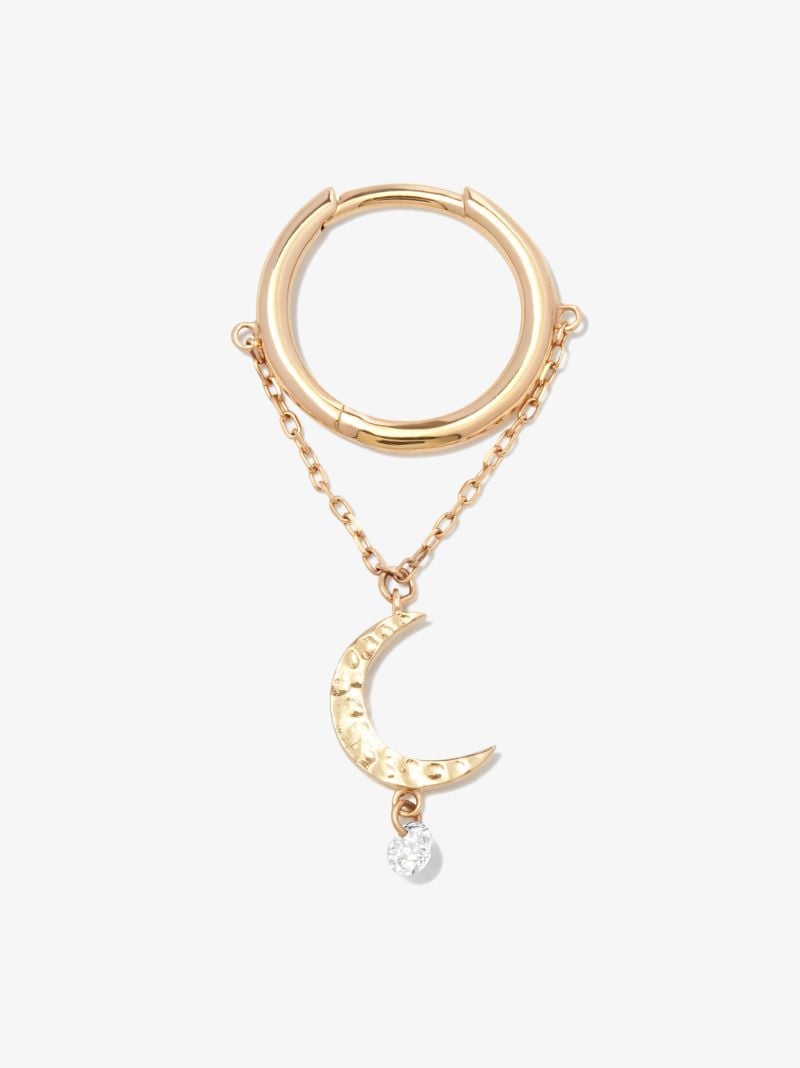 18k Yellow Gold Diamond Moon Hoop Earring