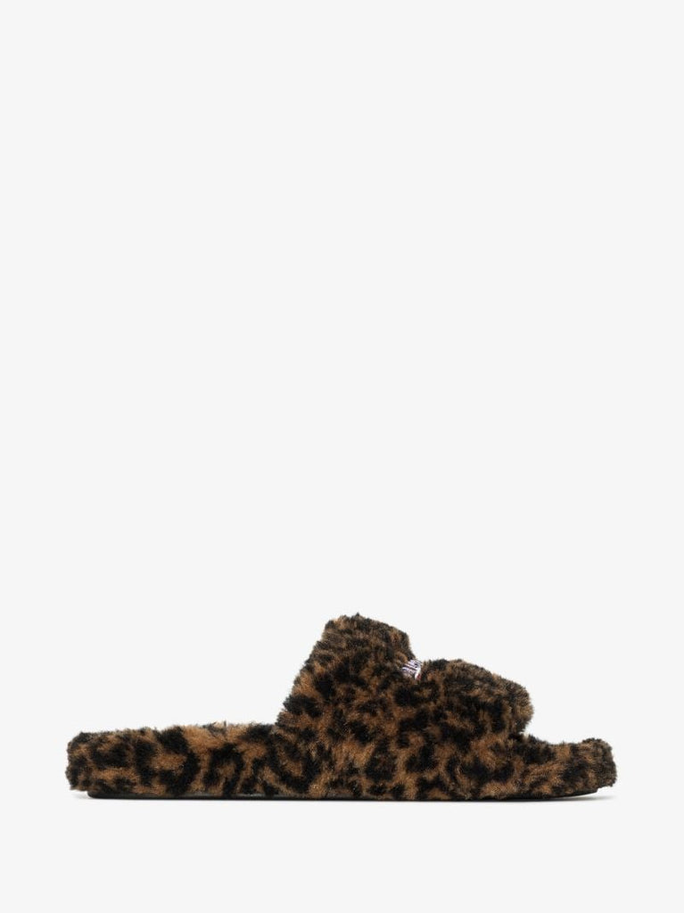Brown Leopard Print Faux Fur Slides