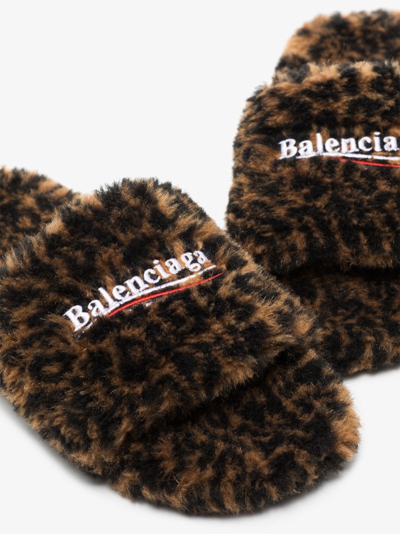 Brown Leopard Print Faux Fur Slides