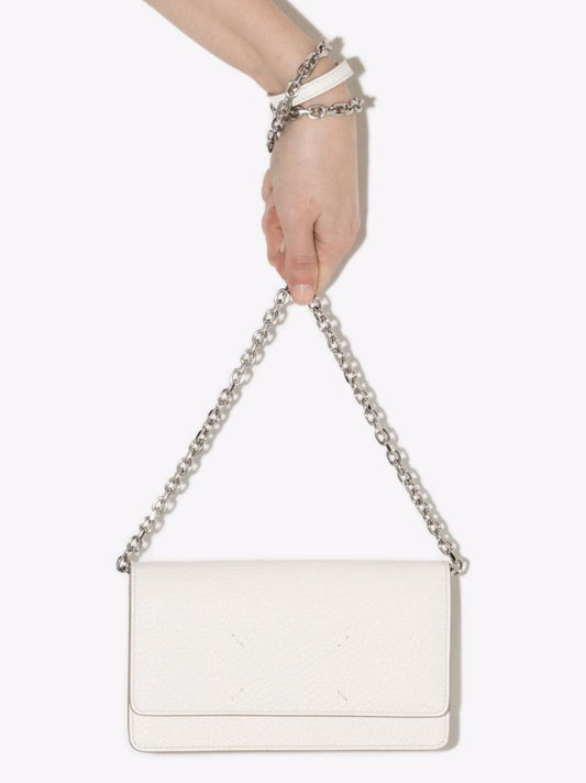 White Four-stitch Leather Chain Wallet
