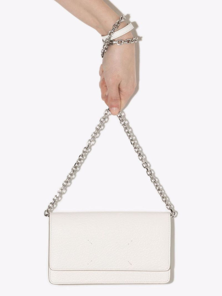 White Four-stitch Leather Chain Wallet