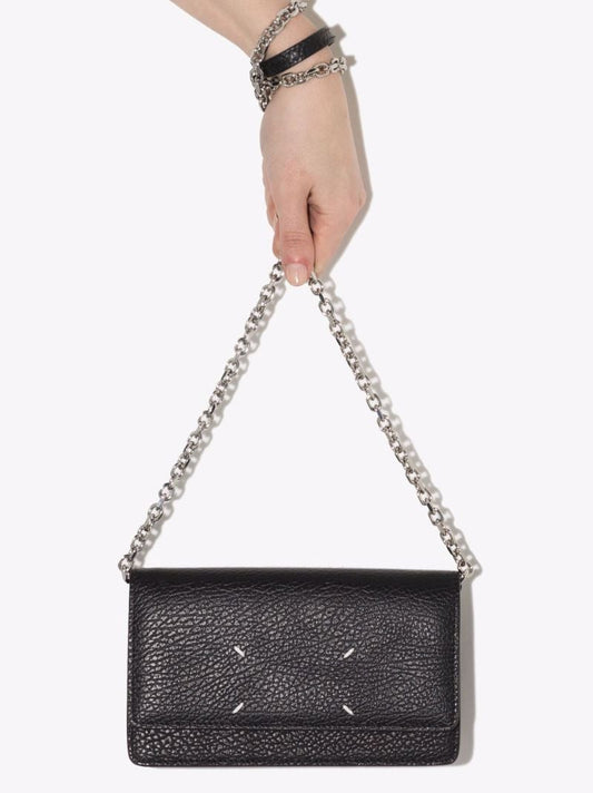 Black Four-stitch Leather Chain Wallet