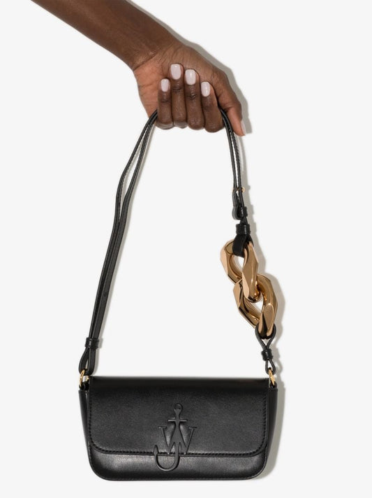 Black Chain Anchor Baguette Leather Cross Body Bag