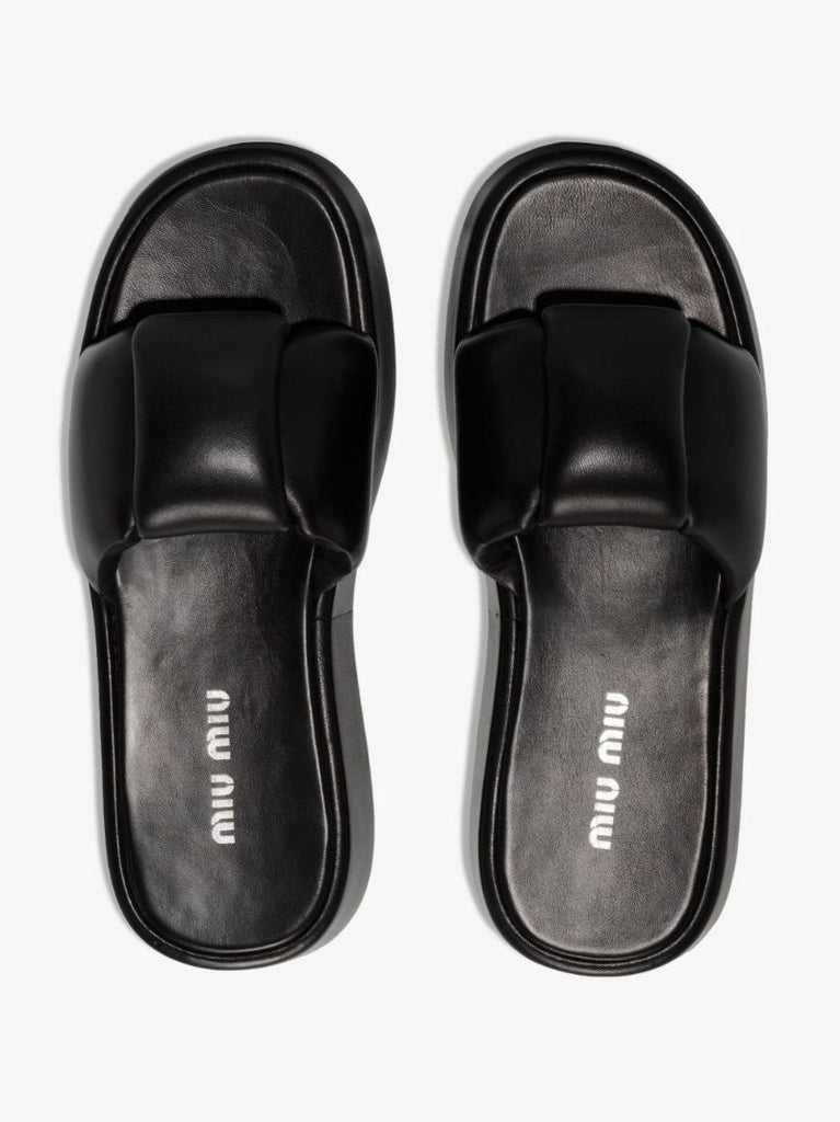 Black Padded Leather Flatform Sandals