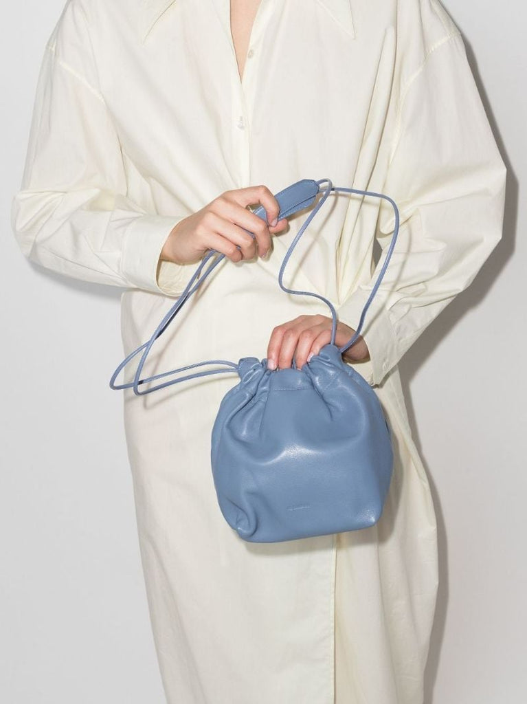 Blue Small Drawstring Leather Cross Body Bag