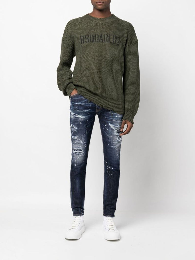 Green Logo Print Knitted Cotton Sweater