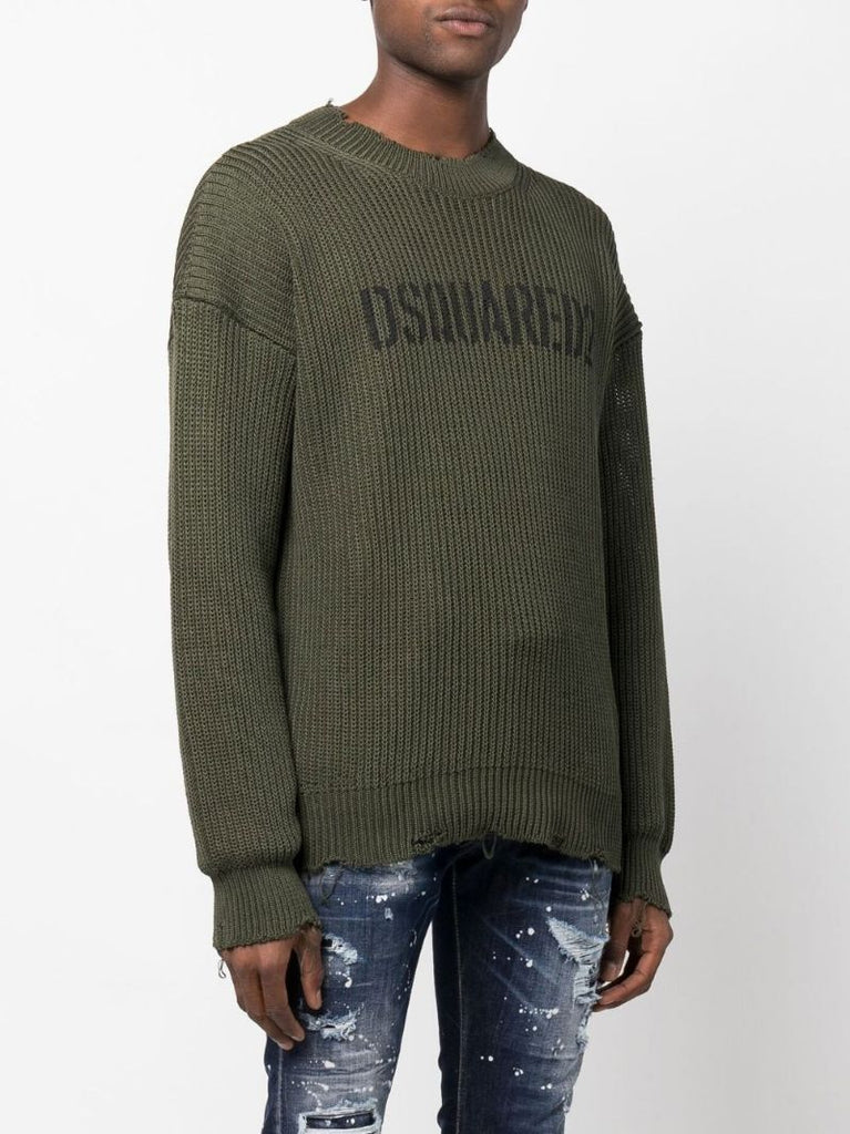 Green Logo Print Knitted Cotton Sweater
