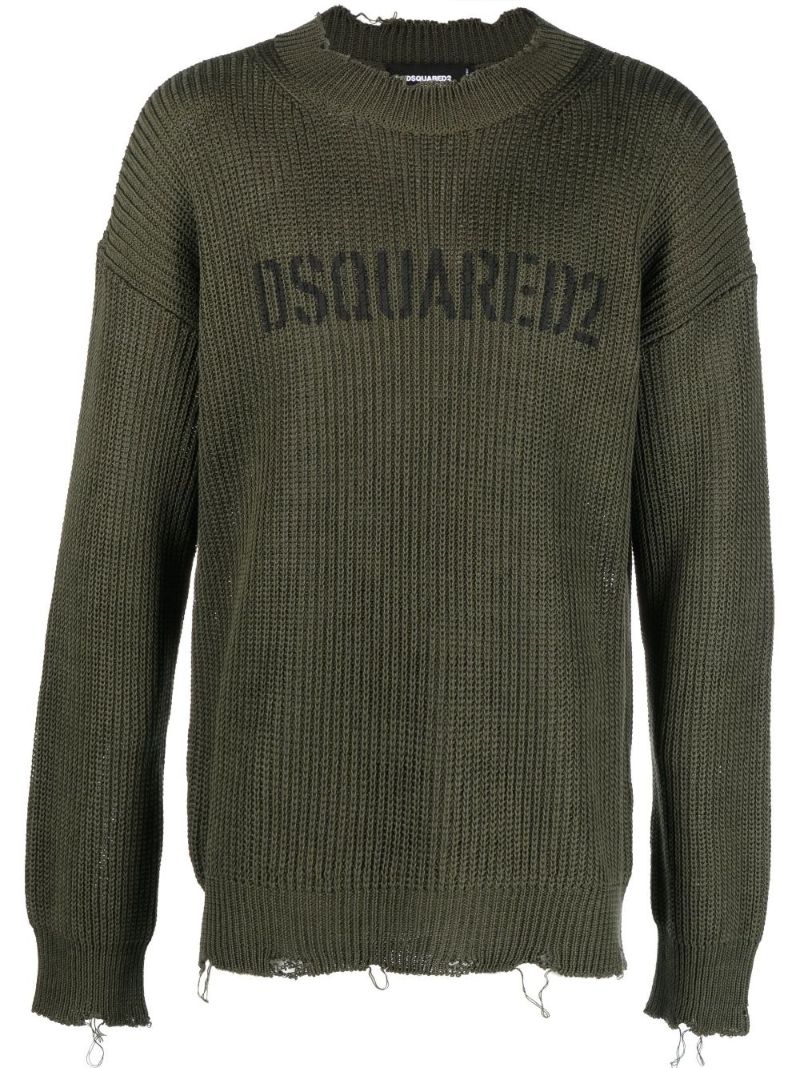 Green Logo Print Knitted Cotton Sweater