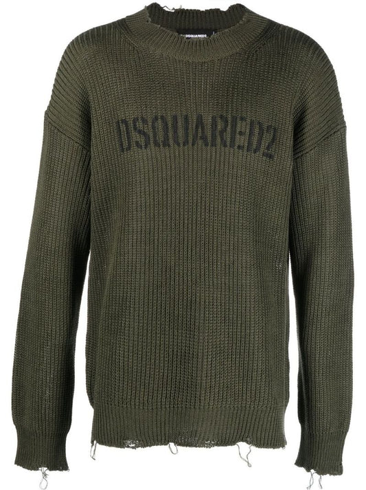 Green Logo Print Knitted Cotton Sweater