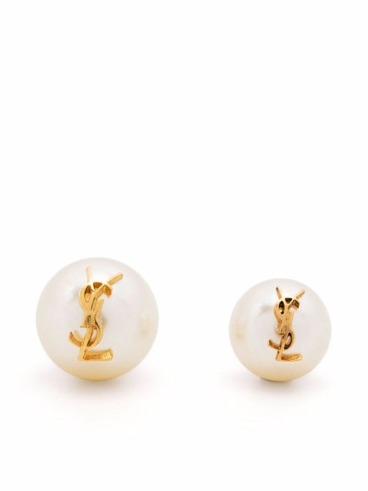 White Logo Plaque Pearl Stud Earrings