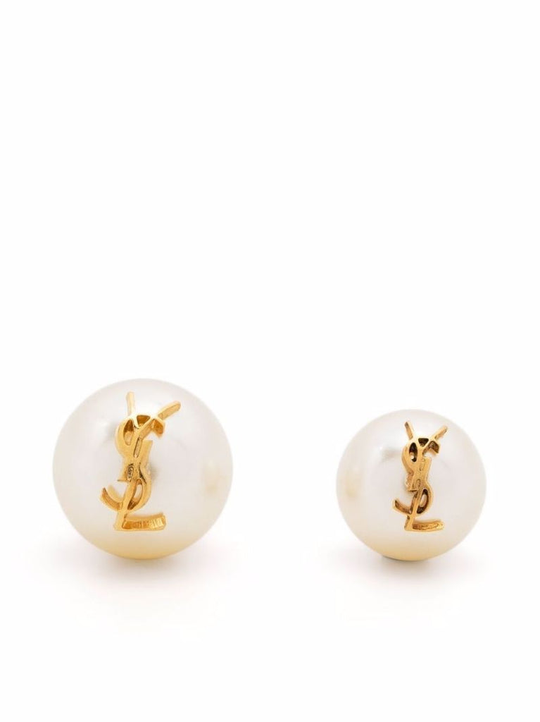 White Logo Plaque Pearl Stud Earrings