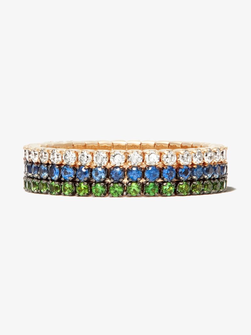 18k Yellow Gold Triple Thread Stack Garnet Sapphire Diamond Ring