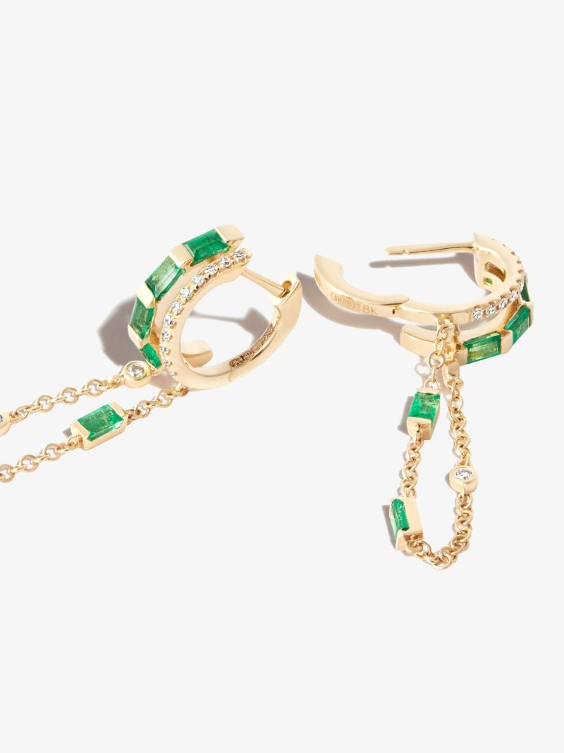 18k Yellow Gold Double Mixed Fringe Emerald Diamond Huggie Earrings