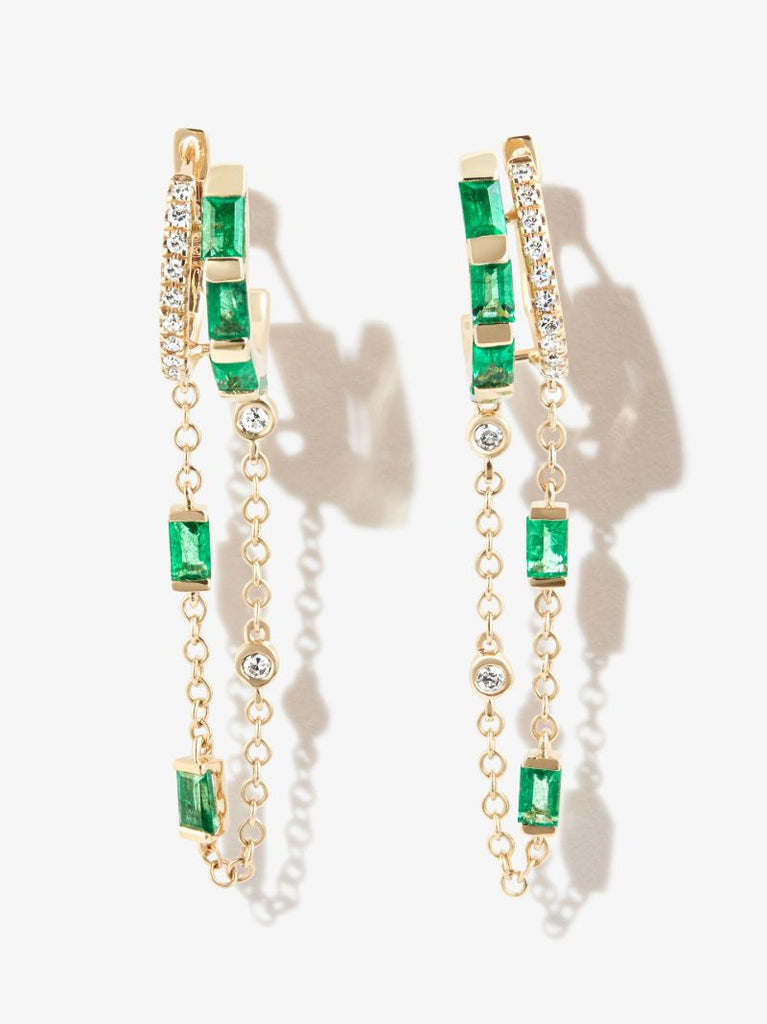 18k Yellow Gold Double Mixed Fringe Emerald Diamond Huggie Earrings