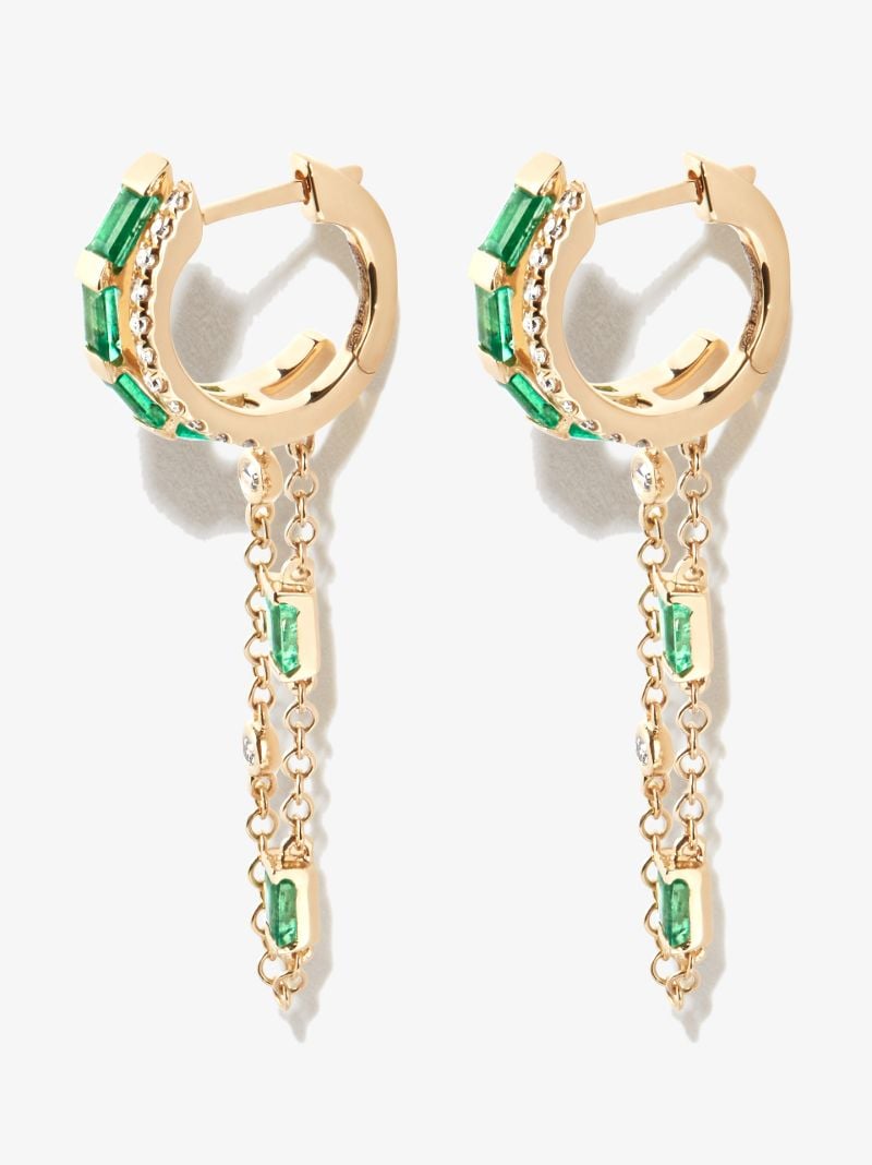 18k Yellow Gold Double Mixed Fringe Emerald Diamond Huggie Earrings
