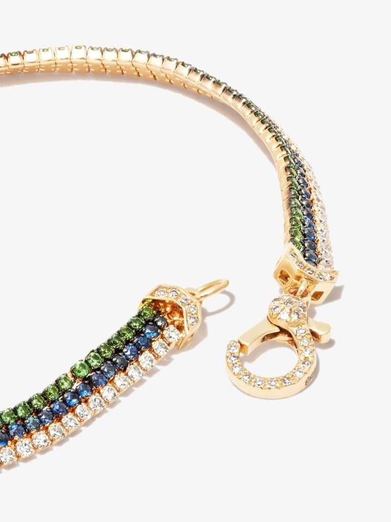 18k Yellow Gold Triple Thread Stack Garnet Sapphire Diamond Bracelet