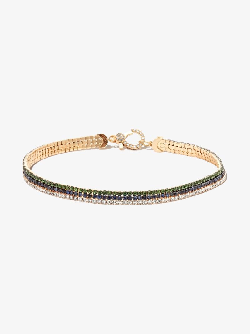 18k Yellow Gold Triple Thread Stack Garnet Sapphire Diamond Bracelet