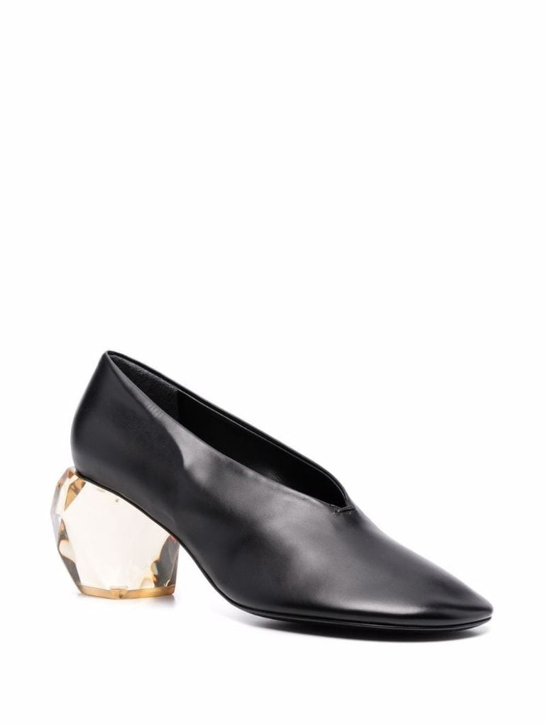 Black 70 Crystal Heel Leather Pumps