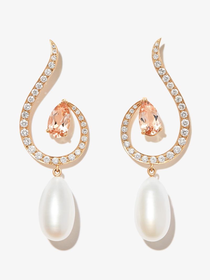18k Yellow Gold Twin Flame Diamond and Pearl Drop Earrings
