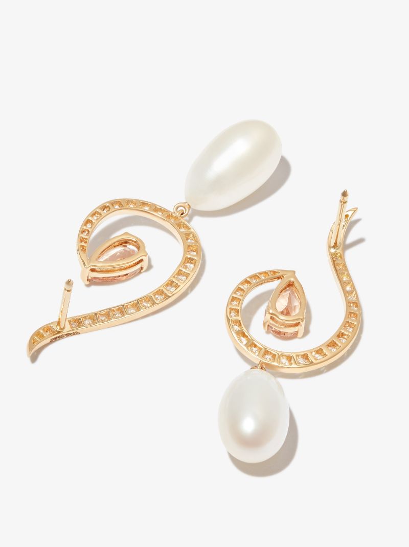 18k Yellow Gold Twin Flame Diamond and Pearl Drop Earrings