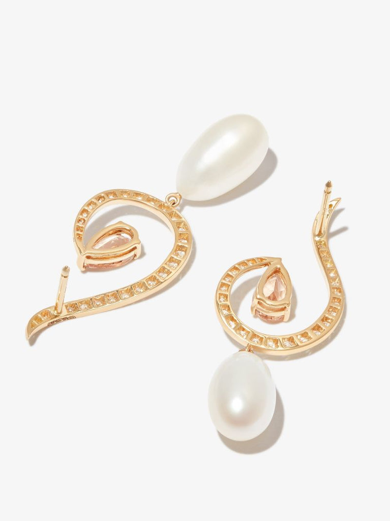 18k Yellow Gold Twin Flame Diamond and Pearl Drop Earrings