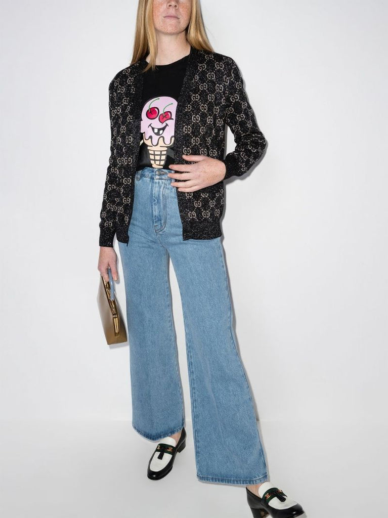 Black Metallic Gg Jacquard Cotton Cardigan