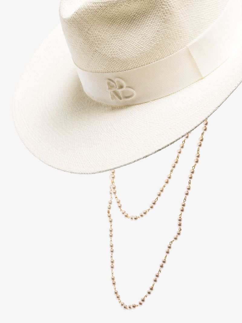 White Pearl Chain Straw Fedora Hat