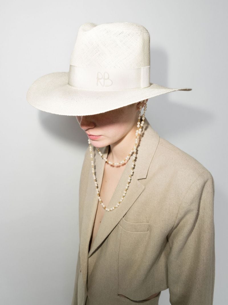White Pearl Chain Straw Fedora Hat