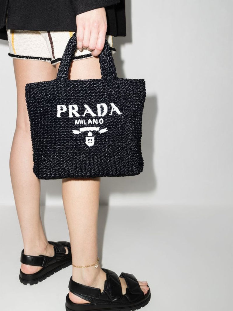 Black Logo Raffia Tote Bag