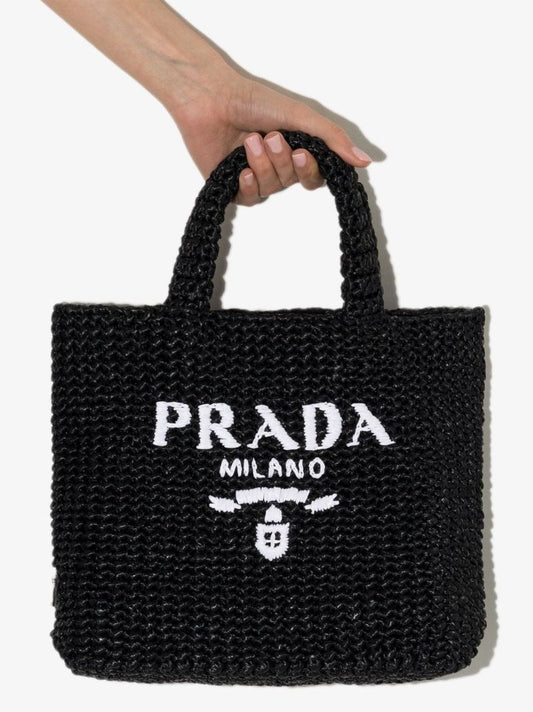 Black Logo Raffia Tote Bag