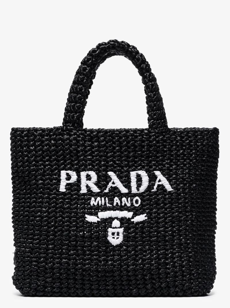 Black Logo Raffia Tote Bag