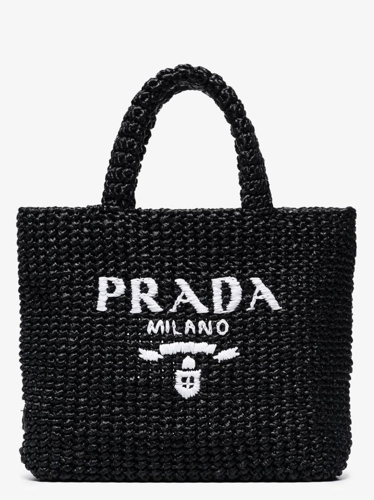 Black Logo Raffia Tote Bag