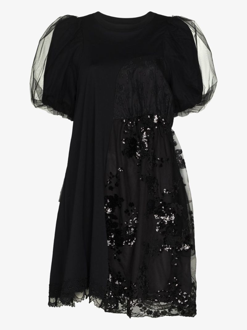 Puff Sleeve Sequined Cotton Mini Dress