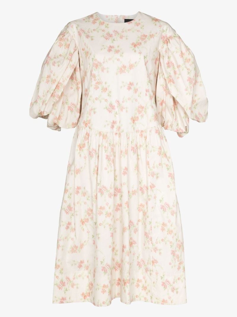 Puff Sleeve Floral Print Cotton Midi Dress