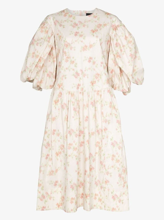 Puff Sleeve Floral Print Cotton Midi Dress